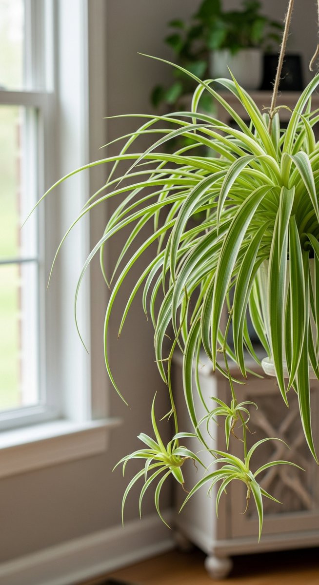 a spider plant in the brightest spot of a bright home interior