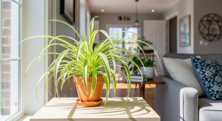 a spider plant looking healthy in a bright home interior, for spider plant light requirements