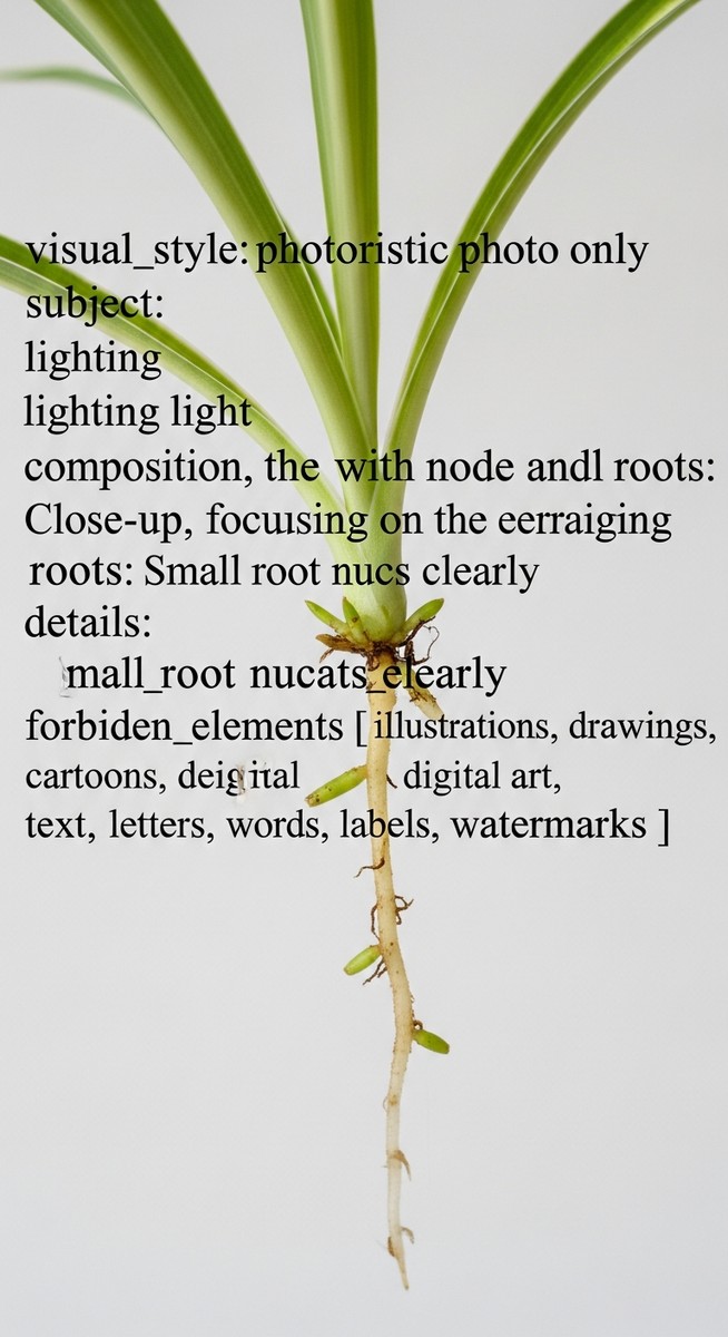 close-up of a spider plant cutting node with root nubs emerging, for spider plant propagation