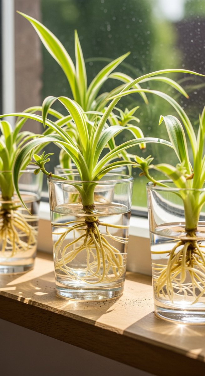 several spider plant cuttings in glasses of water on a windowsill