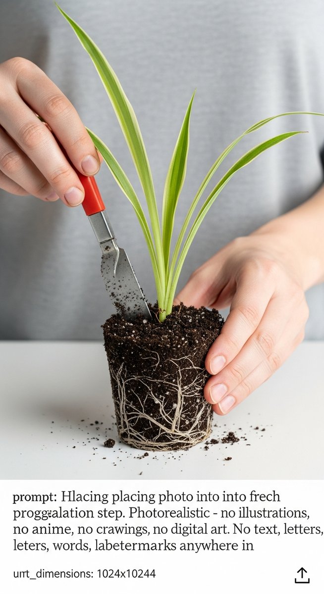 hands planting a rooted spider plant cutting into fresh soil, for spider plant propagation