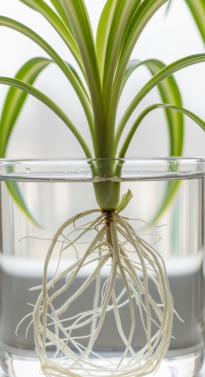 a spider plant cutting with healthy roots in water ready to pot