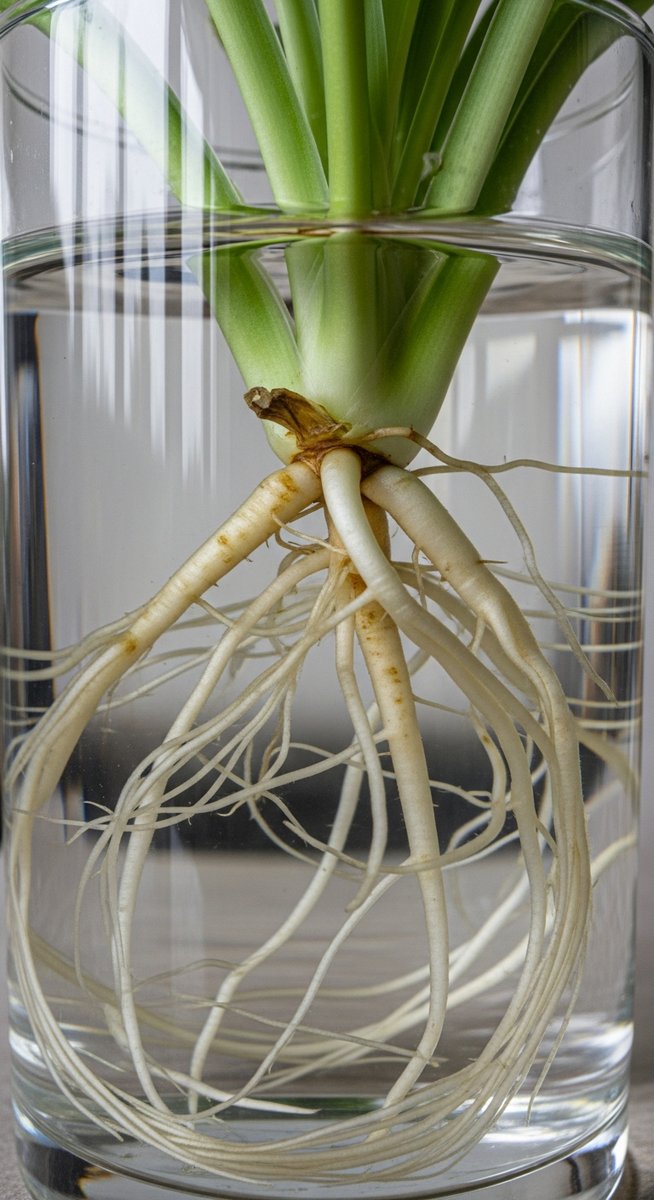 close-up of white roots growing from a spider plant cutting in water, for spider plant propagation