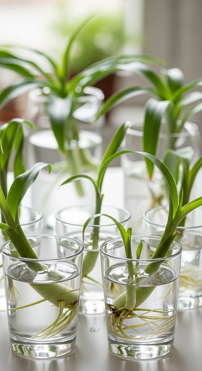 multiple spider plant cuttings at different stages of rooting in water