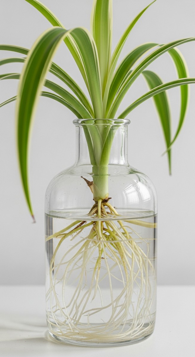 a spider plant cutting with healthy roots in water ready to pot