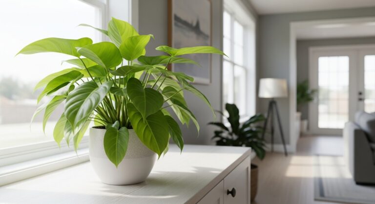 a healthy philodendron plant displayed in a bright modern living room, for split leaf philodendron