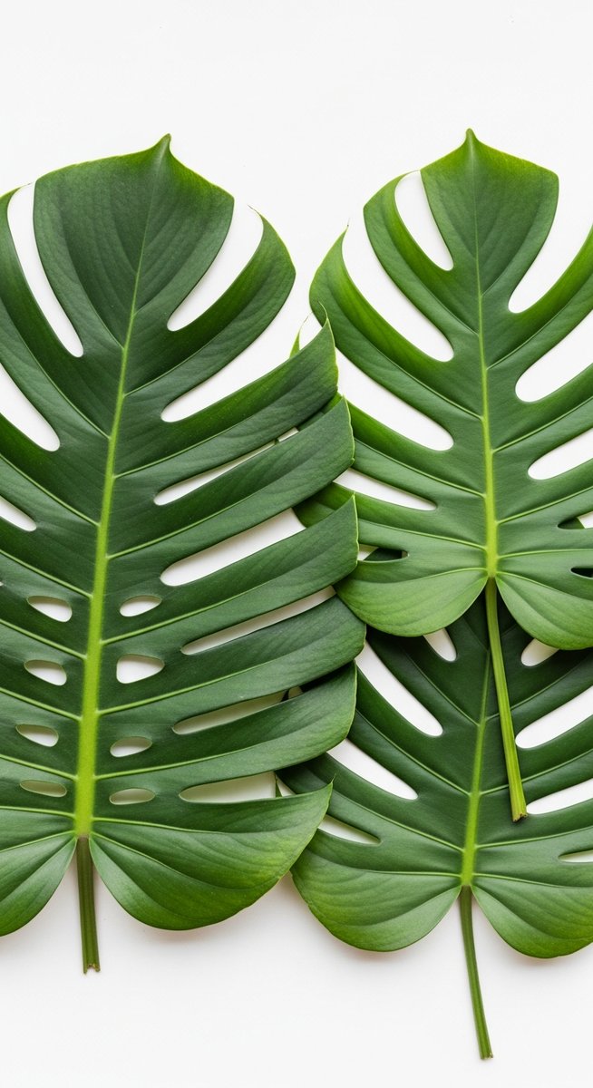 close-up comparison of split-leaf philodendron leaves next to monstera deliciosa leaves