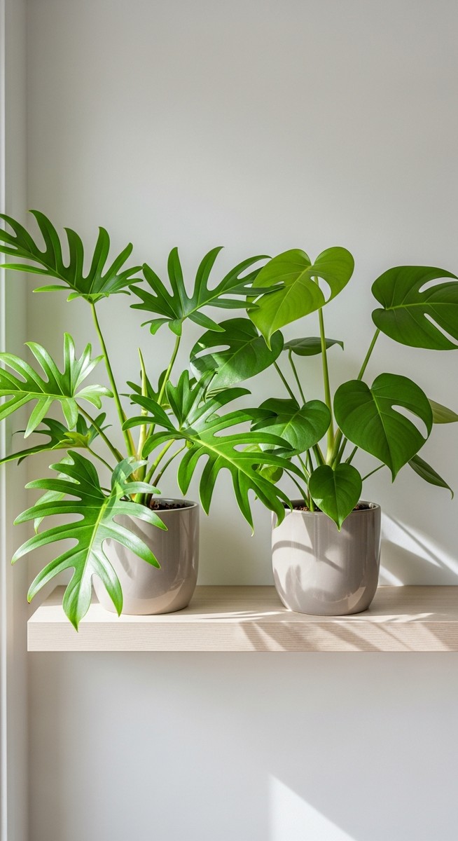 a split-leaf philodendron plant and a monstera deliciosa plant displayed together on a shelf, for split leaf philodendron vs monstera