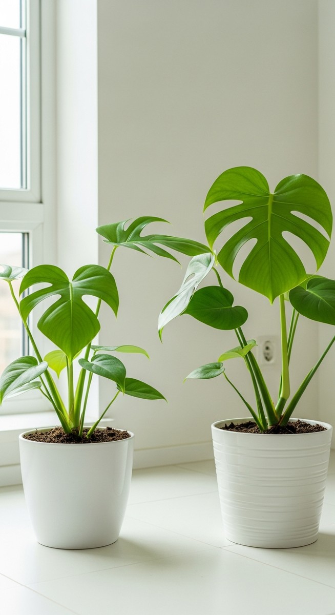 two pots side by side containing a split-leaf philodendron plant and a monstera deliciosa plant, for split leaf philodendron vs monstera