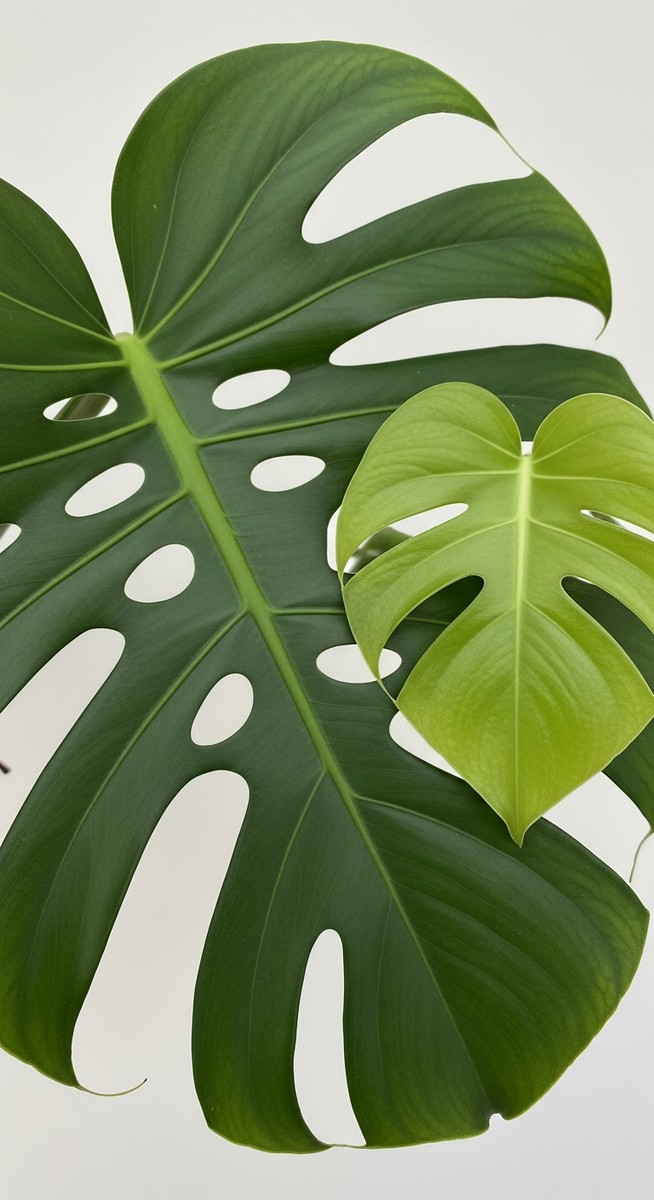 detail shot comparing the leaf shape of split-leaf philodendron and monstera deliciosa
