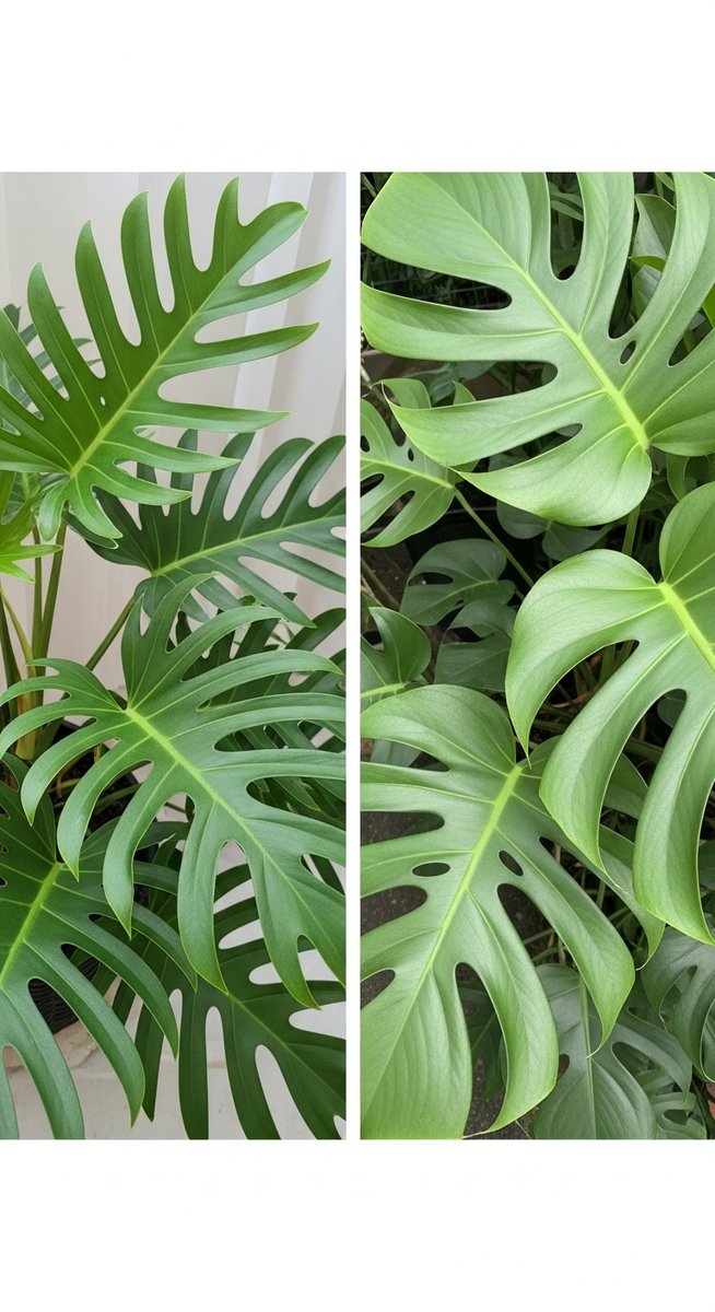 a split-leaf philodendron plant and a monstera deliciosa plant in the same frame for comparison, for split leaf philodendron vs monstera