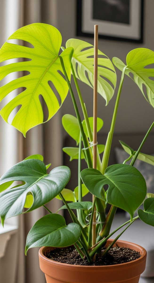 A monstera houseplant in a pot with a wooden or bamboo stake inserted into the s, for stake monstera