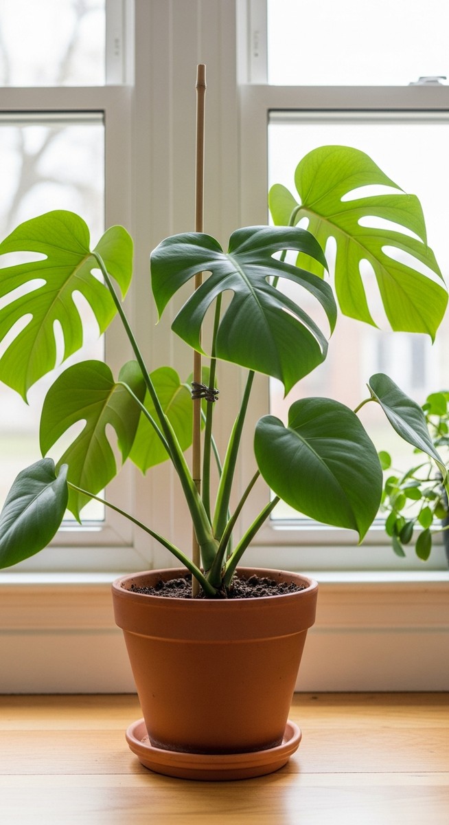 A monstera houseplant in a pot with a wooden or bamboo stake inserted into the s, for stake monstera