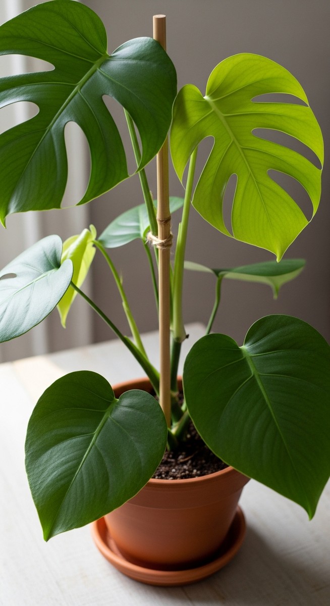 A monstera houseplant in a pot with a wooden or bamboo stake inserted into the s