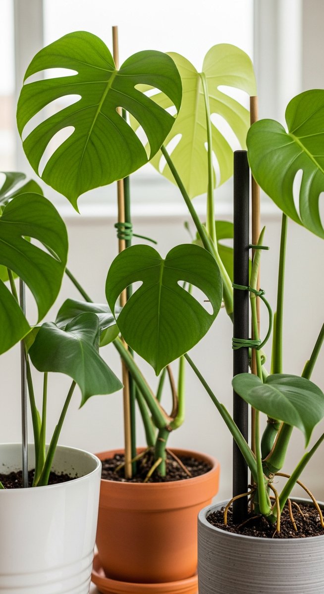A monstera houseplant in a pot with a wooden or bamboo stake inserted into the s, for stake monstera