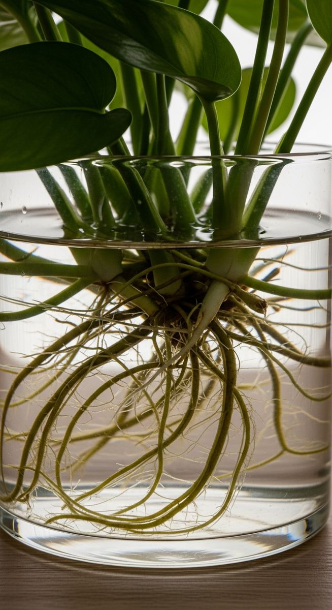 close-up of mixed houseplants roots growing in a clear glass container of water