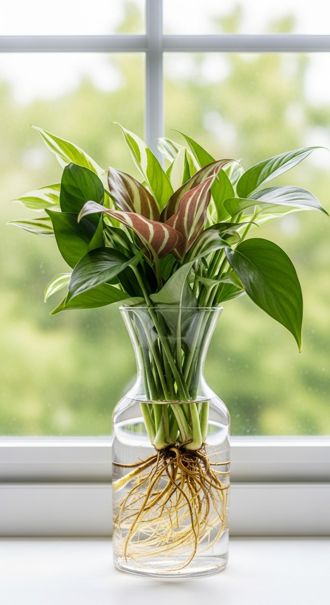 a mixed houseplants plant in a glass vase of water on a windowsill with visible roots, for start growing semi hydro plants indoors
