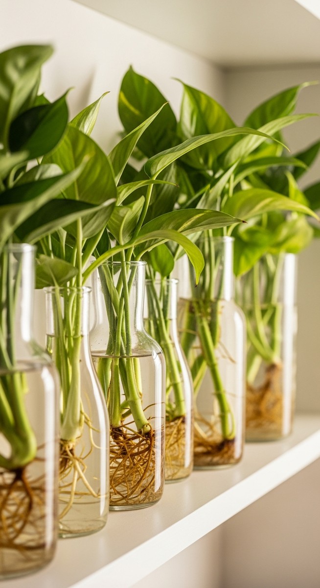 several mixed houseplants plants growing in water in clear glass vases