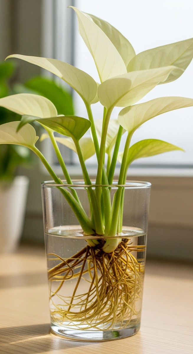 close-up of healthy white mixed houseplants roots growing in a glass of water, for start growing semi hydro plants indoors