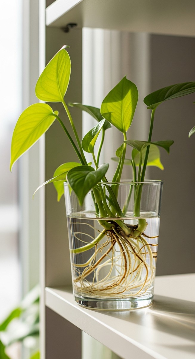 a mixed houseplants plant thriving in a glass of water on a shelf