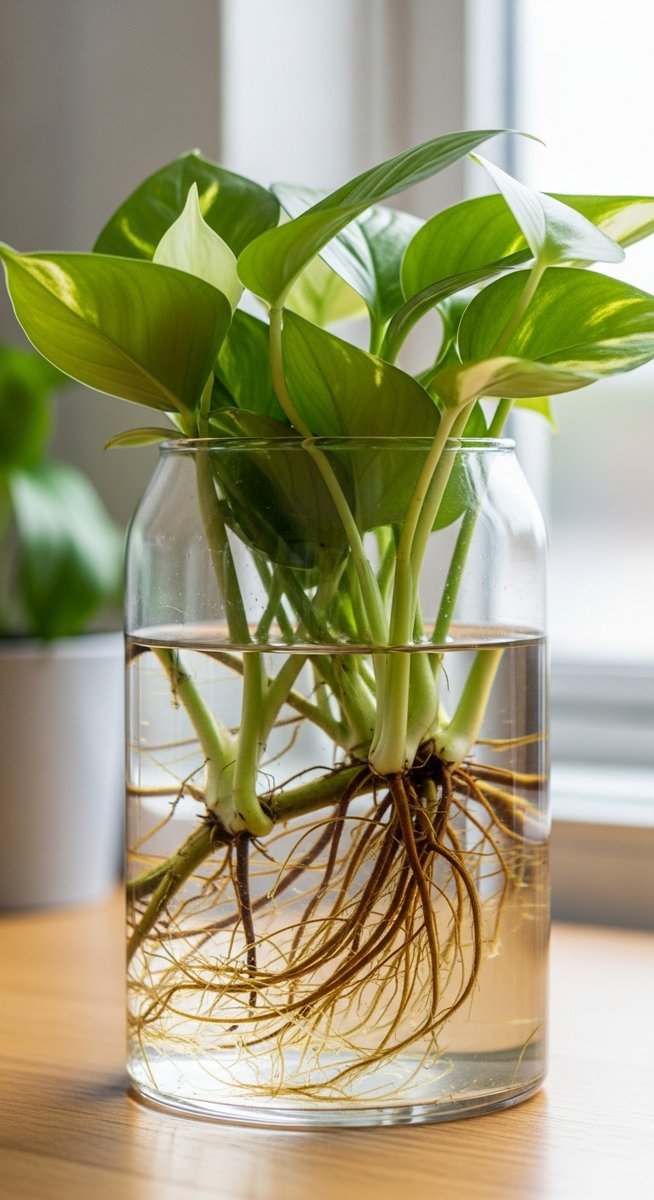 a clear glass vase containing a mixed houseplants plant with visible roots in water, for start growing semi hydro plants indoors