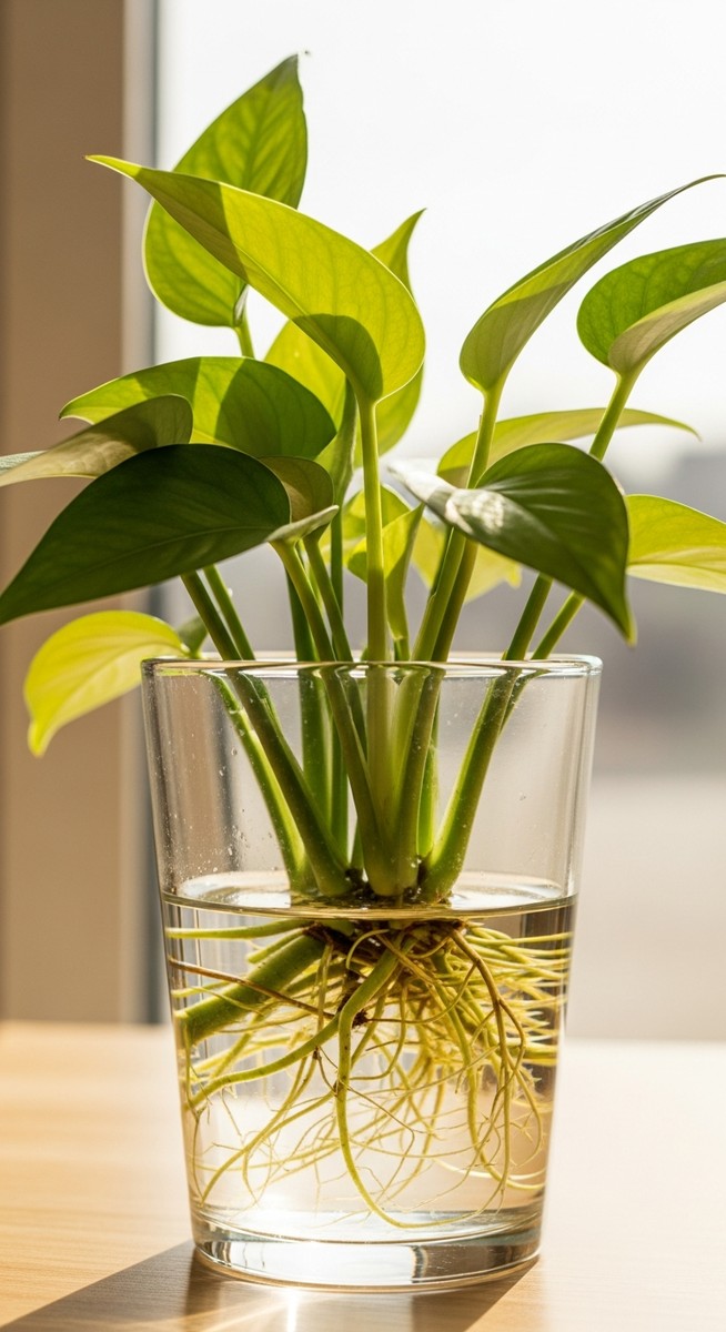 a mixed houseplants plant growing hydroponically in a glass of water