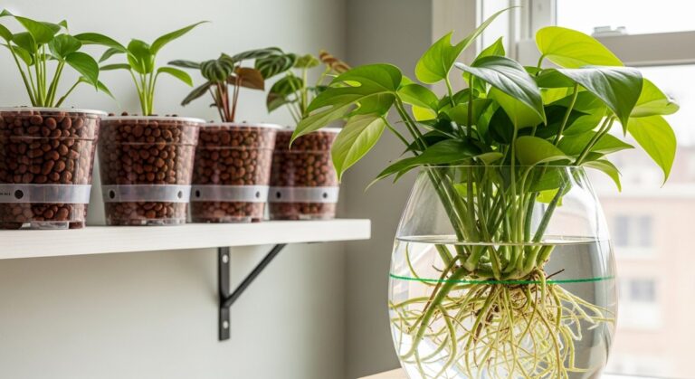 a mixed houseplants plant growing with roots submerged in a clear vase of water, for start growing semi hydro plants indoors