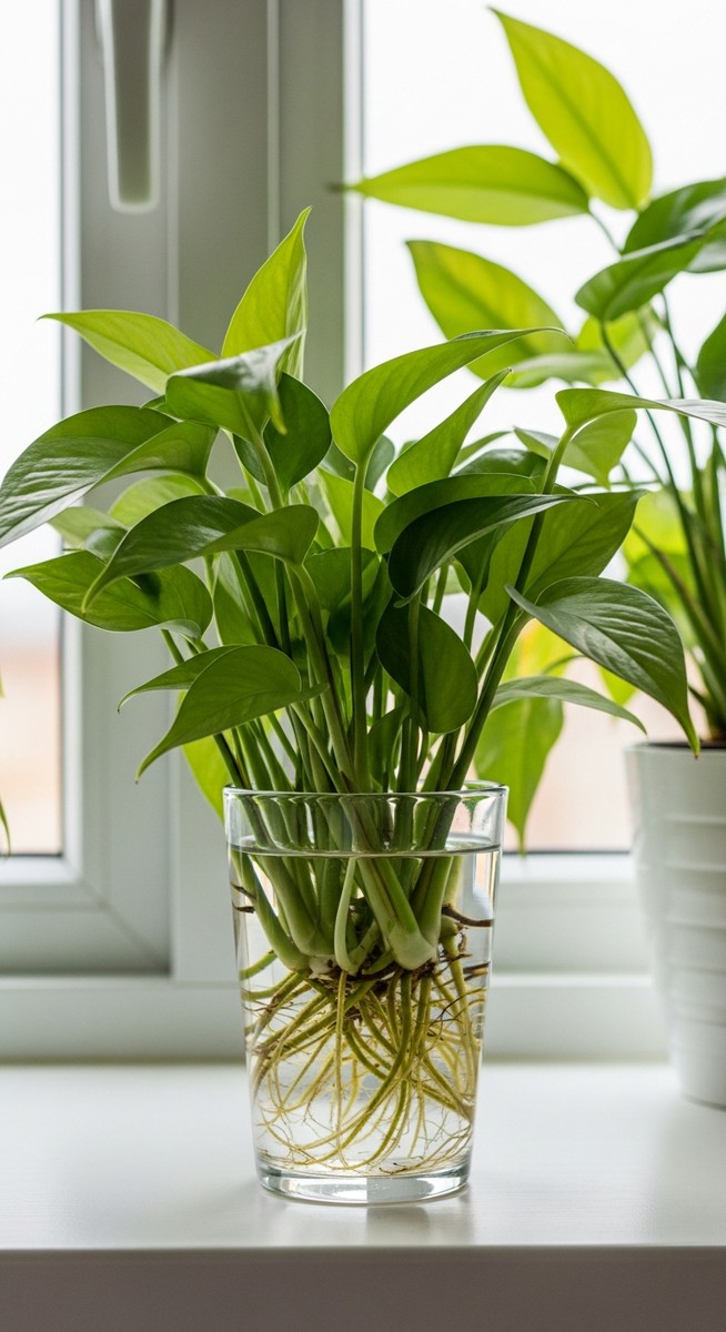 a mixed houseplants plant thriving in a glass of water on a shelf
