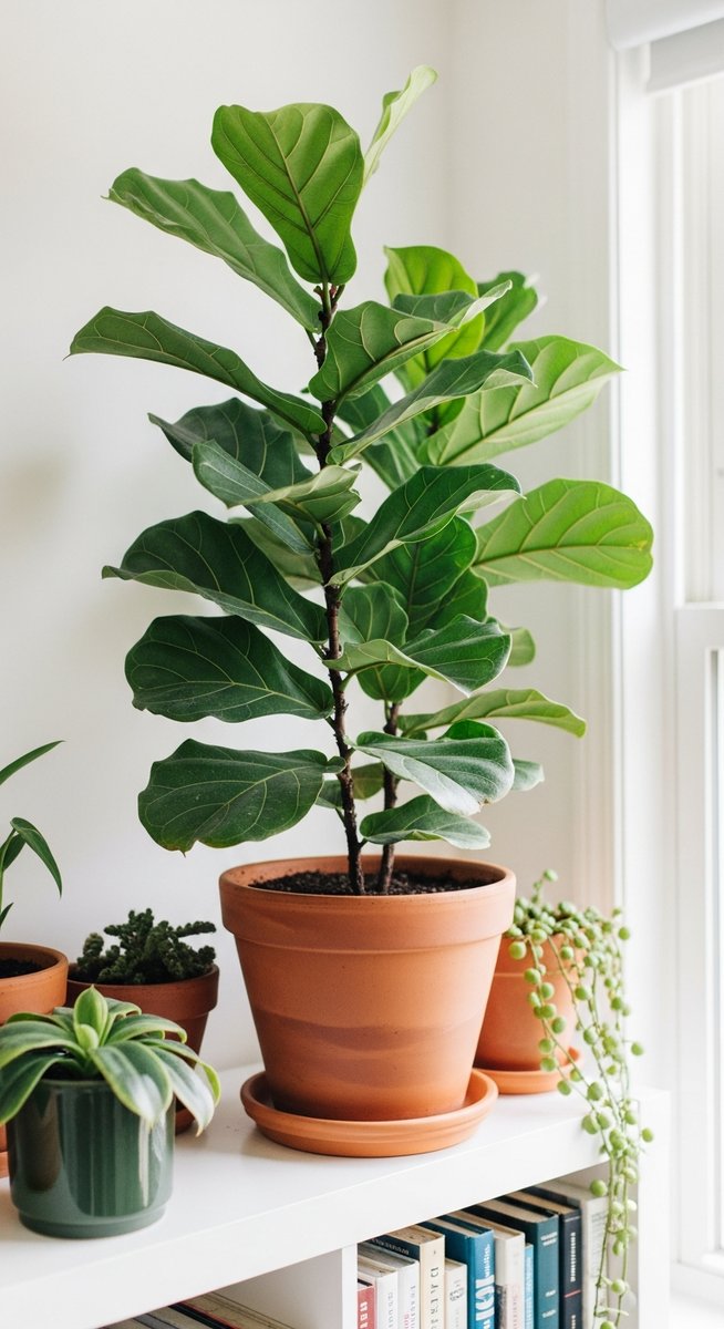 a lush fiddle leaf fig plant in a terracotta pot on a white shelf
