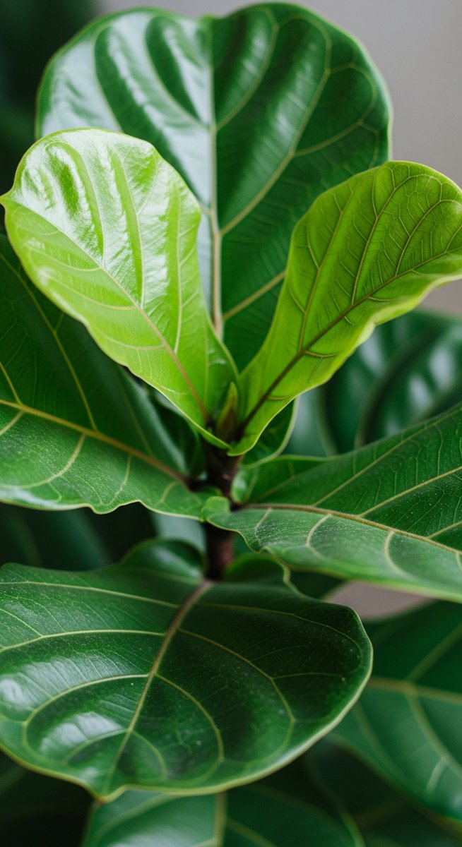 close-up of healthy fiddle leaf fig leaves showing vivid colour and texture, for strengthen thicken fiddle leaf fig trunk