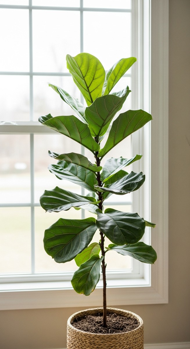 a fiddle leaf fig plant in a pot near a bright window