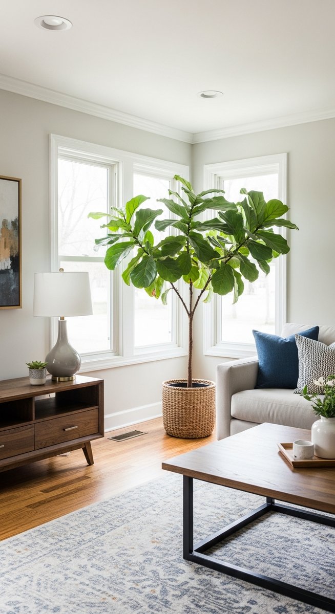 a large thriving fiddle leaf fig plant as a living room focal point, for strengthen thicken fiddle leaf fig trunk