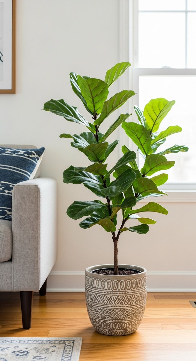a fiddle leaf fig plant in a decorative pot on a wooden floor