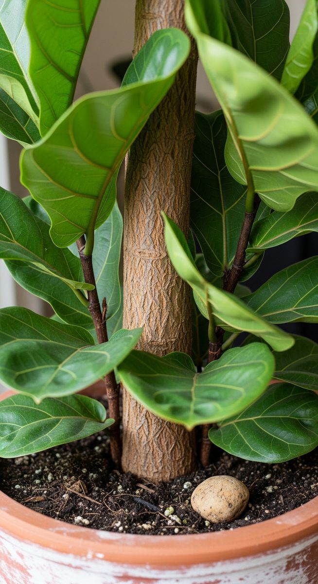 close-up of the base and lower leaves of a fiddle leaf fig plant, for strengthen thicken fiddle leaf fig trunk