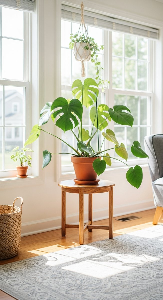 a home interior in summer featuring a summer houseplant care plant, for summer houseplant care