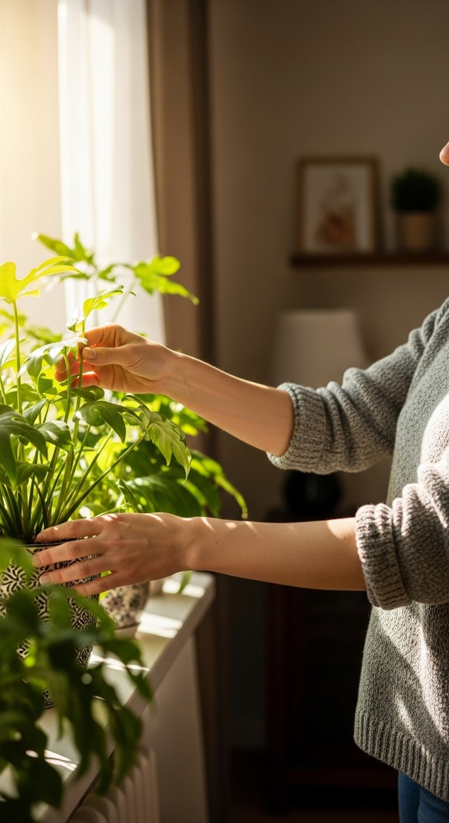 a person caring for a summer houseplant care plant near a window in summer