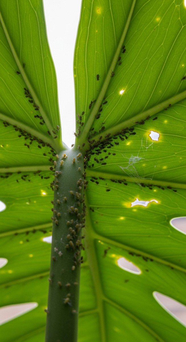 close-up of the underside of monstera leaves showing pest insects