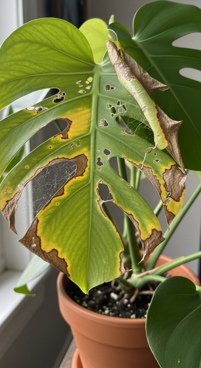 a monstera plant with visibly pest-damaged leaves, for thrips monstera