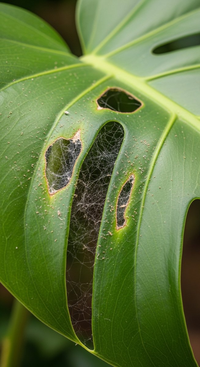 close-up of a monstera leaf showing webbing from spider mites