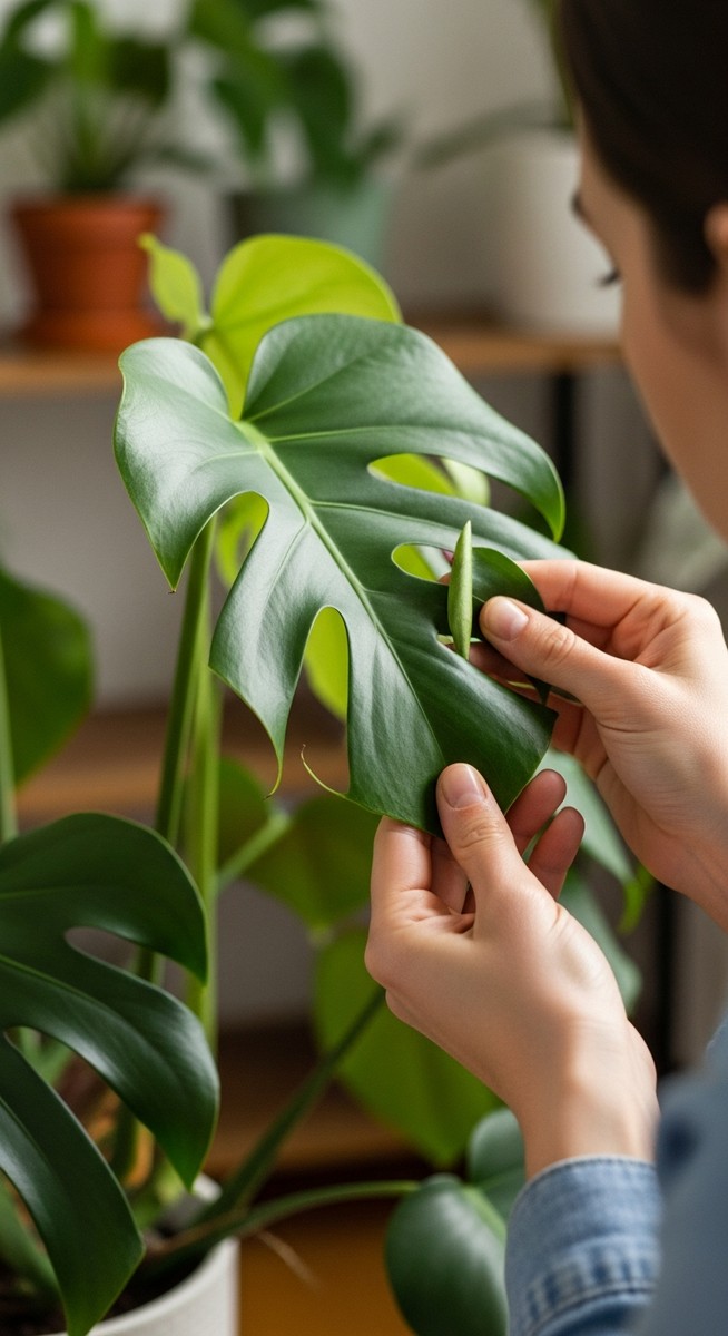 a person inspecting a monstera plant for signs of pest infestation, for thrips monstera