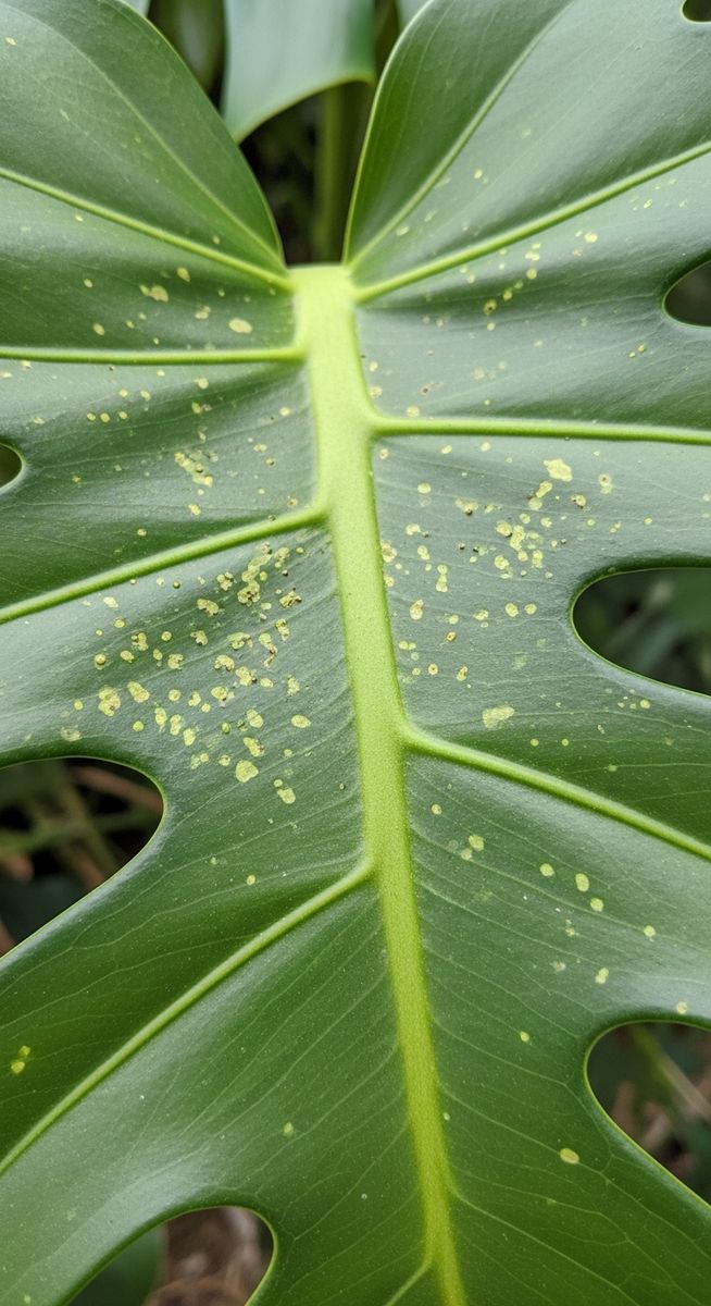 close-up of monstera leaves showing stippling from pest damage