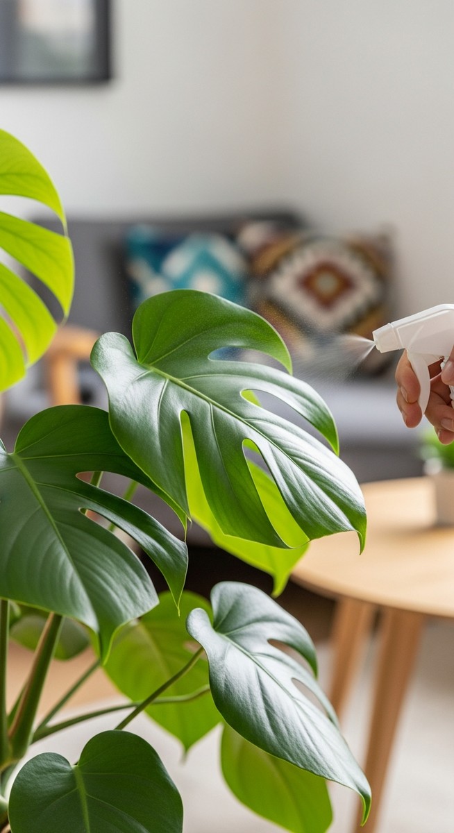 a monstera plant being treated with a spray bottle for pests, for thrips monstera