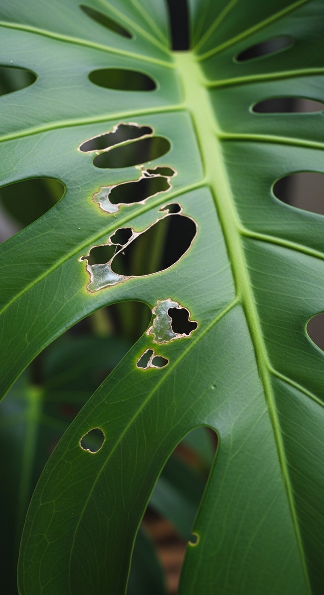 close-up of pest damage on a monstera leaf