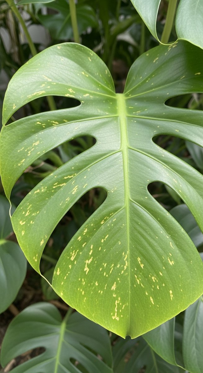 close-up of monstera leaves showing stippling from pest damage