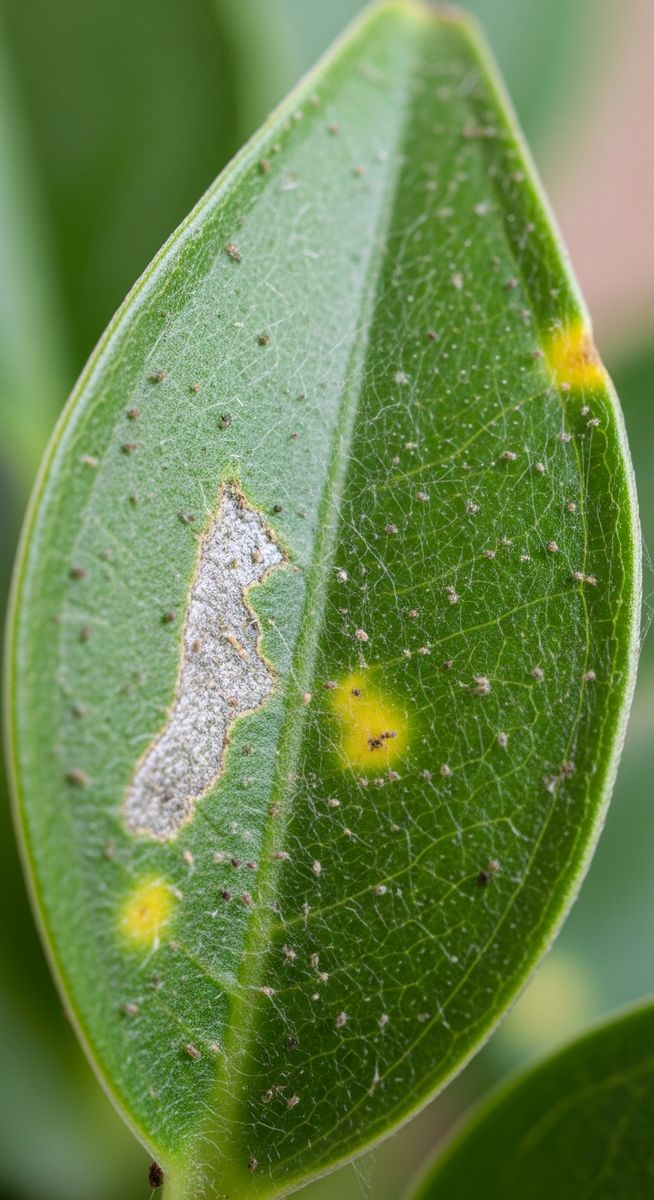 close-up of a houseplant leaf showing webbing from spider mites