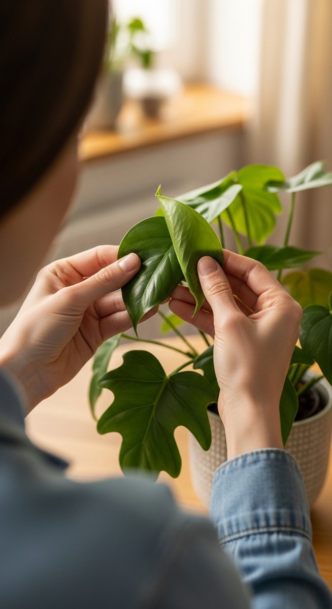 a person inspecting a houseplant plant for signs of pest infestation, for tiny white worms soil