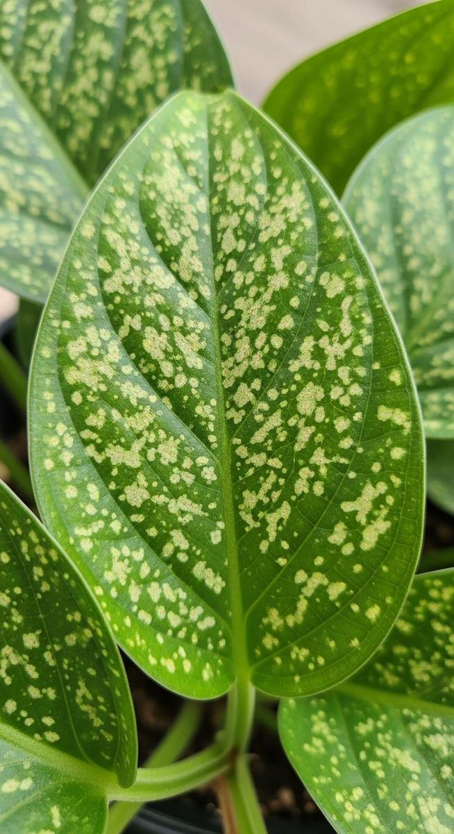 close-up of houseplant leaves showing stippling from pest damage