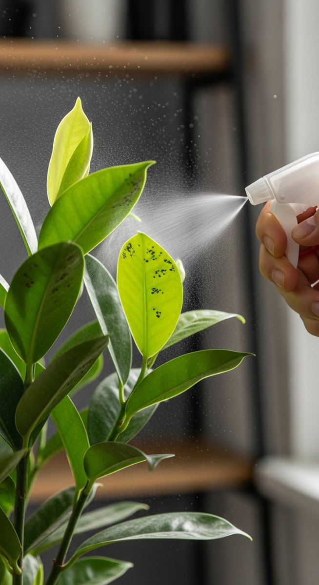 a houseplant plant being treated with a spray bottle for pests, for tiny white worms soil