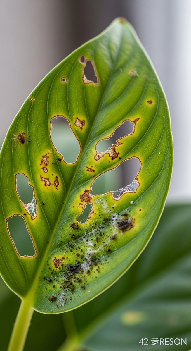 close-up of pest damage on a houseplant leaf