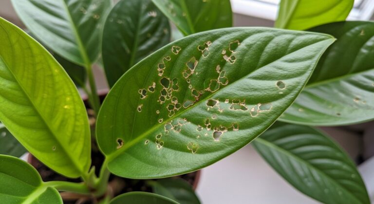 close-up of houseplant leaves showing pest damage and discolouration, for tiny white worms soil
